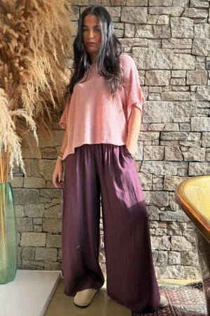 Basso Shirring Wide Leg Pant Deep Damson